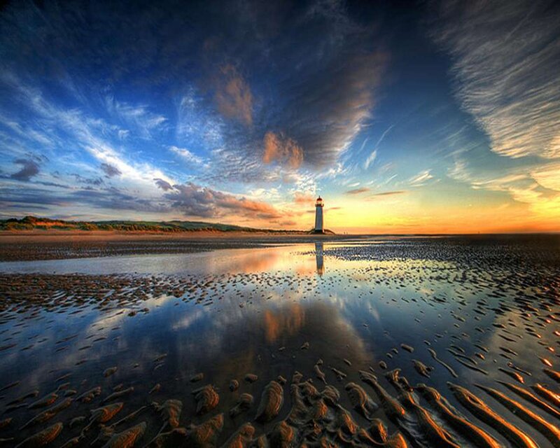Lighthouse on Beach — Blue, Dramatic, Sunset, Photograph