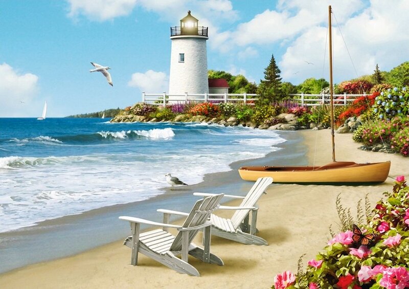 Lighthouse on Beach — Blue, Serene, Afternoon, Digital Art