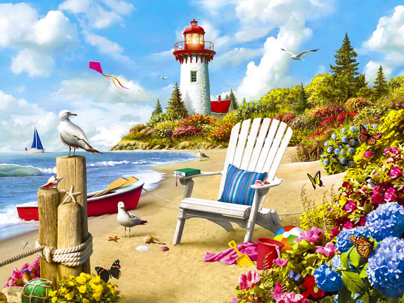 Lighthouse on Beach — Blue, Serene, Afternoon, Illustration