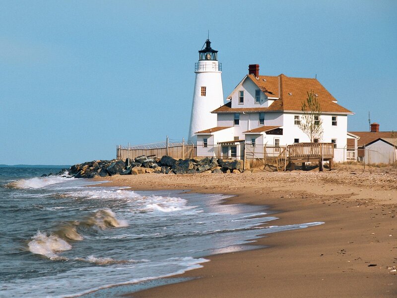 Lighthouse on Beach — Blue, Serene, Afternoon, Photograph