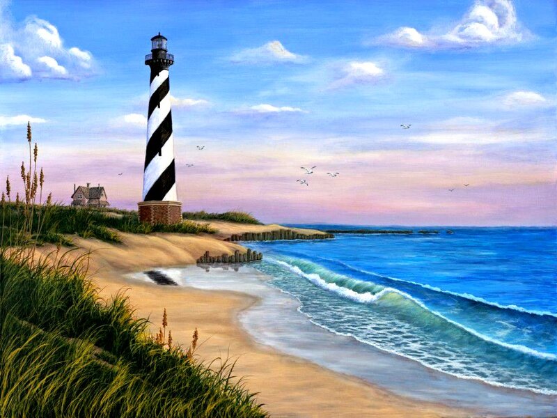Lighthouse on Beach — Blue, Serene, Sunset, Painting