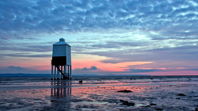 Lighthouse on Beach — Blue, Serene, Sunset