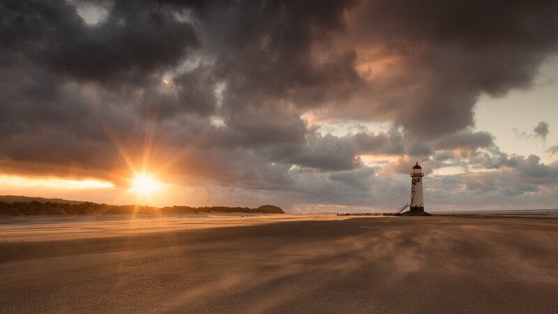 Lighthouse on Beach — Brown, Dramatic, Sunset