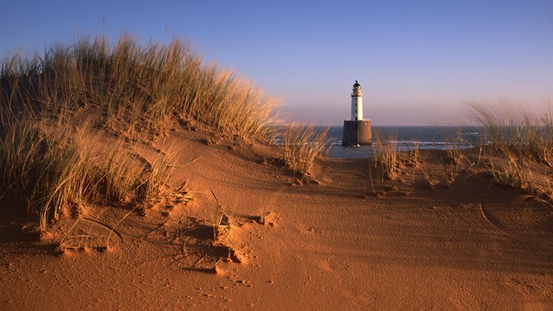 Lighthouse on Beach — Brown, Serene
