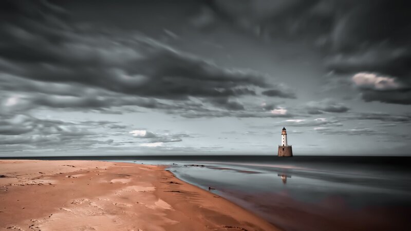 Lighthouse on Beach — Gray, Dramatic