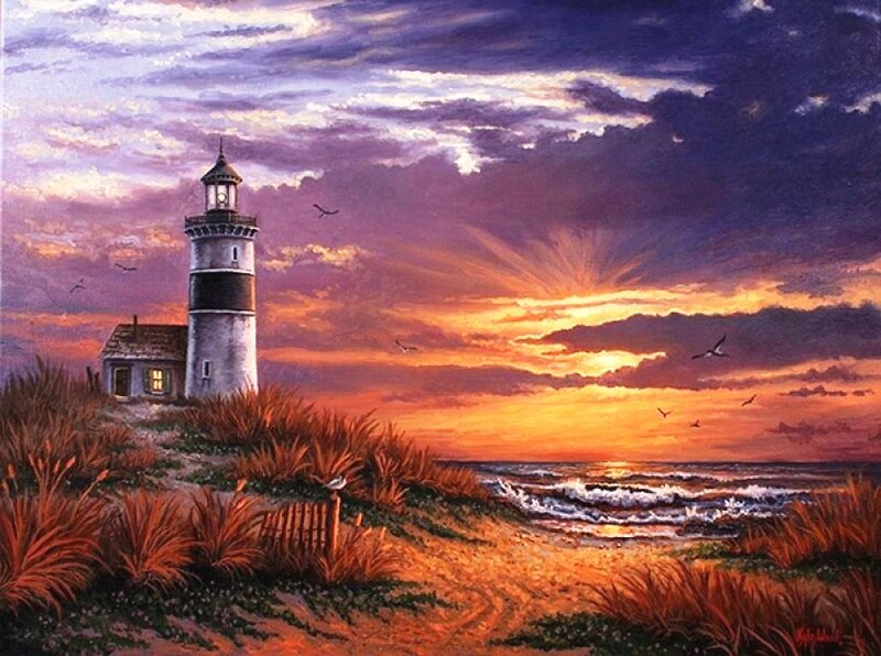 Lighthouse on Beach — Orange, Dramatic, Sunset, Painting