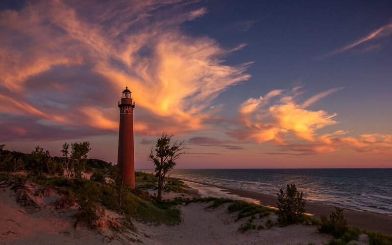 Lighthouse on Beach — Orange, Dramatic, Sunset, Photograph, Ocean, Dunes
