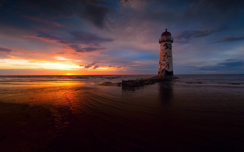 Lighthouse on Beach — Orange, Dramatic, Sunset, Photograph, Ocean, Sky