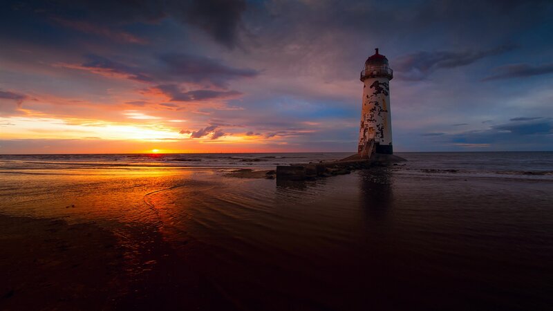 Lighthouse on Beach — Orange, Dramatic, Sunset, Photograph, Ocean