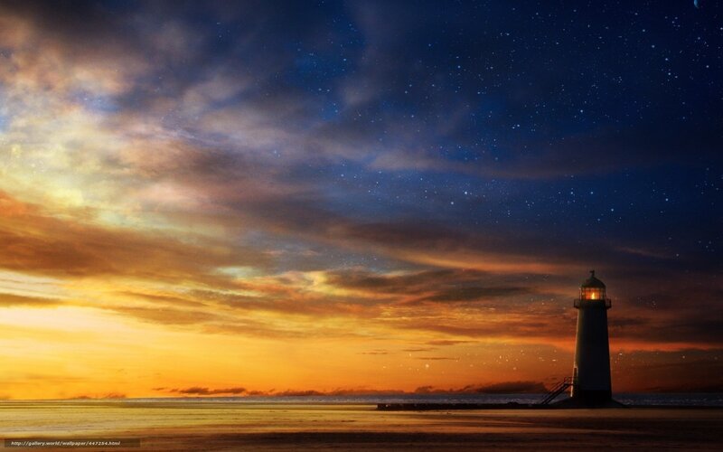 Lighthouse on Beach — Orange, Dramatic, Sunset, Photograph, Sky