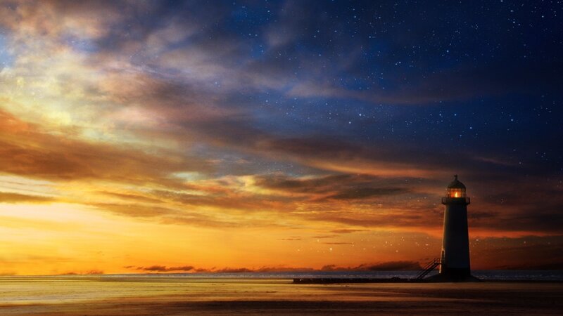 Lighthouse on Beach — Orange, Dramatic, Sunset, Photograph