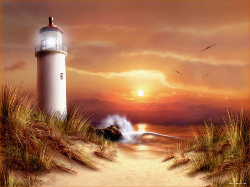 Lighthouse on Beach — Orange, Serene, Sunset, Painting, Sun