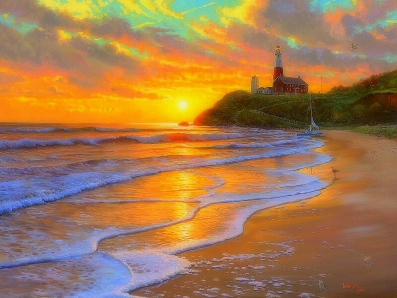 Lighthouse on Beach — Orange, Serene, Sunset, Painting