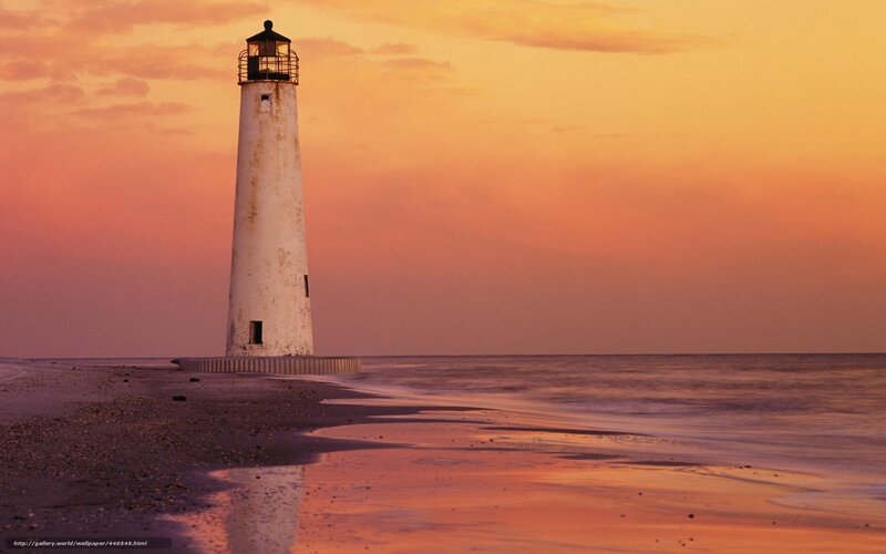 Lighthouse on Beach — Orange, Serene, Sunset, Photograph, Ocean