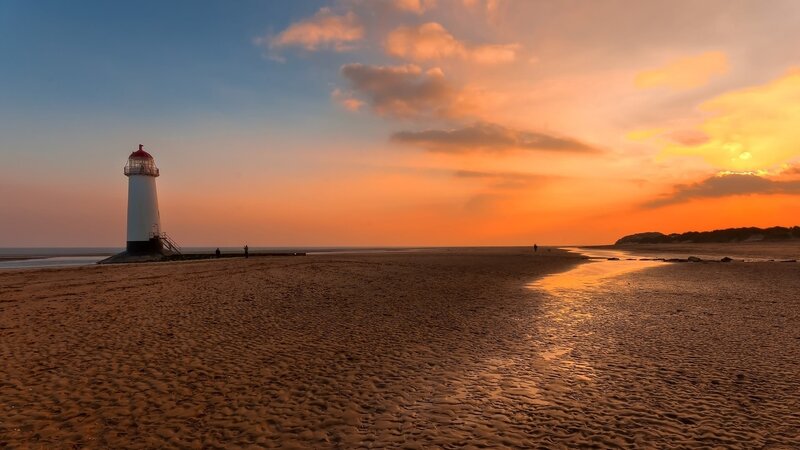 Lighthouse on Beach — Orange, Serene, Sunset, Photograph, Sky