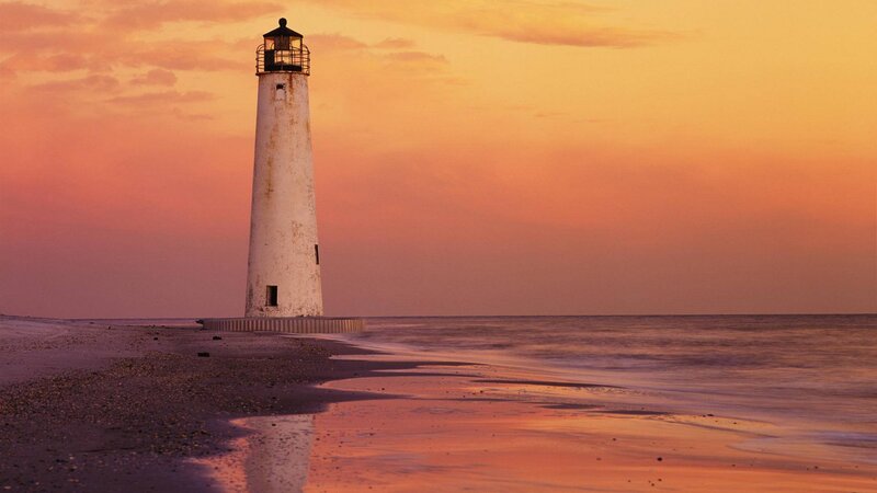 Lighthouse on Beach — Orange, Serene, Sunset