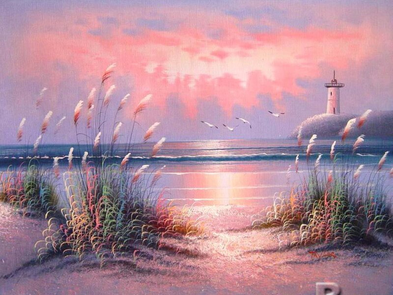 Lighthouse on Beach — Pink, Serene