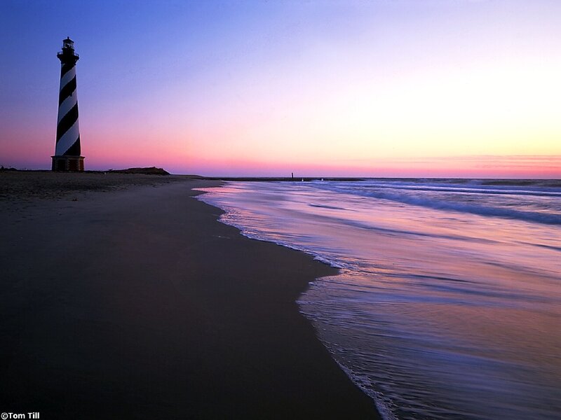 Lighthouse on Beach — Purple, Serene, Sunset