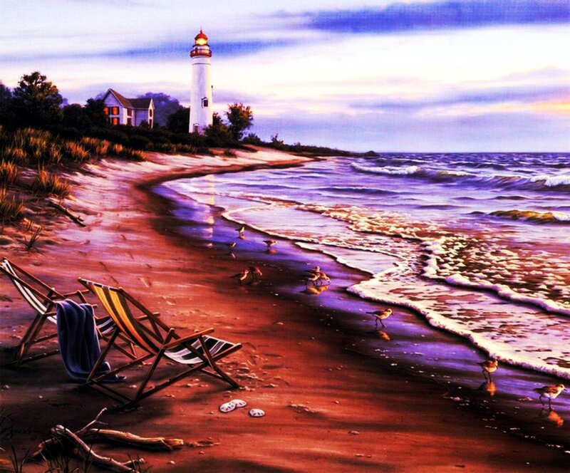 Lighthouse on Beach — Purple, Serene