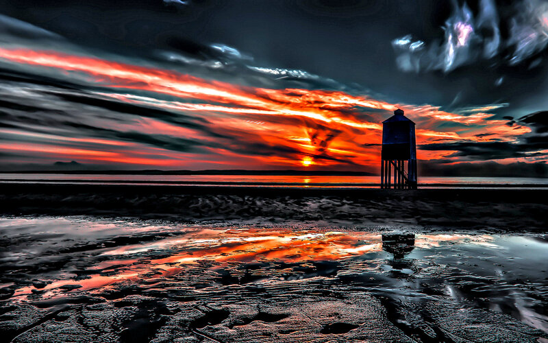 Lighthouse on Beach — Red, Dramatic, Sunset