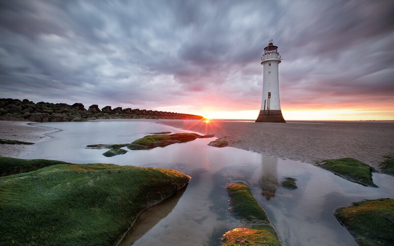 Lighthouse on Beach — White, Dramatic, Sunset, Photograph