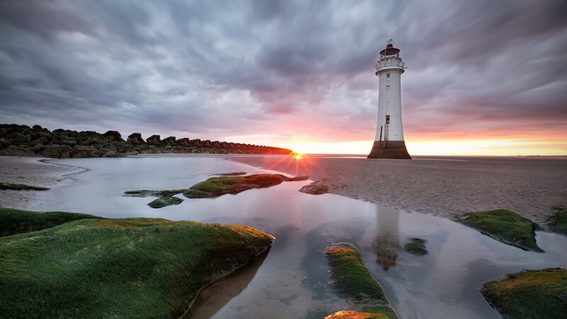 Lighthouse on Beach — White, Dramatic