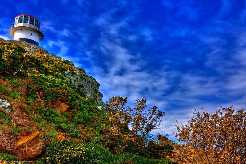 Lighthouse on Cliff — Blue, Dramatic, Afternoon, Photograph, Trees