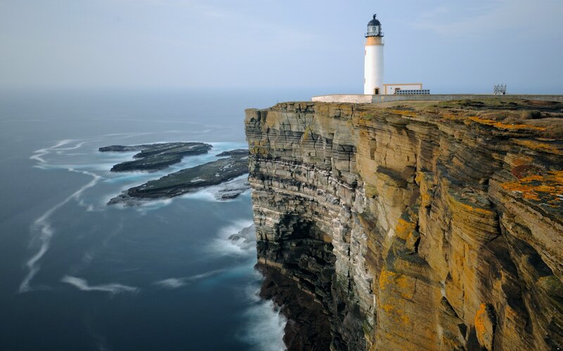 Lighthouse on Cliff — Blue, Dramatic, Morning, Photograph