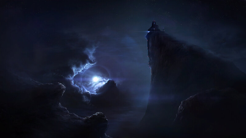 Lighthouse on Cliff — Blue, Dramatic, Night, Digital Art, Moon