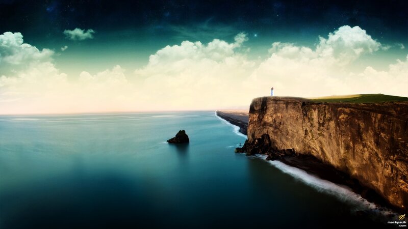 Lighthouse on Cliff — Blue, Dramatic, Night, Digital Art, Ocean, Clouds