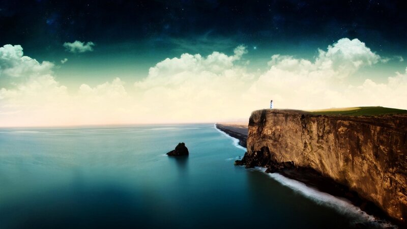 Lighthouse on Cliff — Blue, Dramatic, Night, Digital Art, Ocean