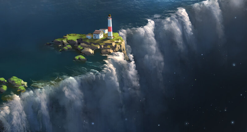 Lighthouse on Cliff — Blue, Dramatic, Night, Digital Art, Ocean, Waterfall