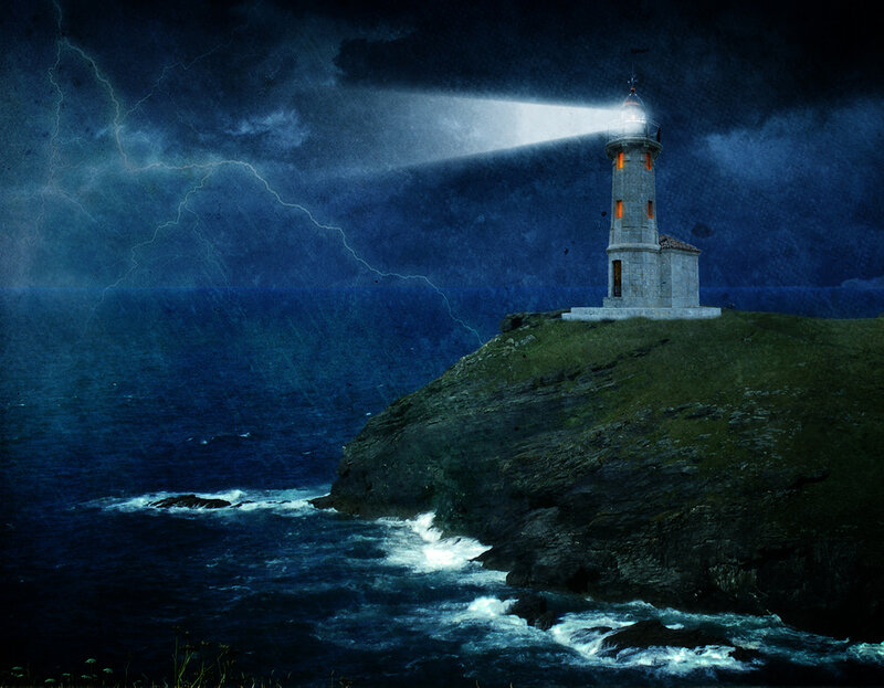 Lighthouse on Cliff — Blue, Dramatic, Night, Digital Art