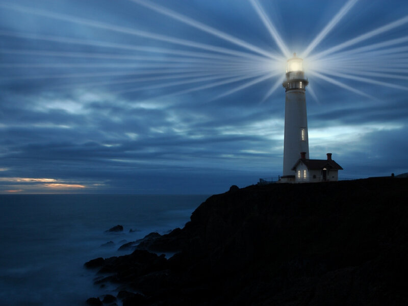 Lighthouse on Cliff — Blue, Dramatic, Night, Photograph, Ocean, Sky, Rocks