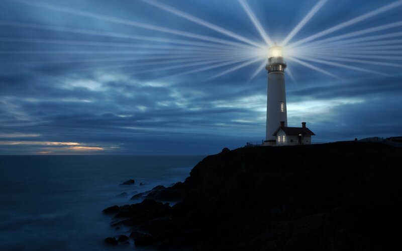 Lighthouse on Cliff — Blue, Dramatic, Night, Photograph, Ocean, Sky