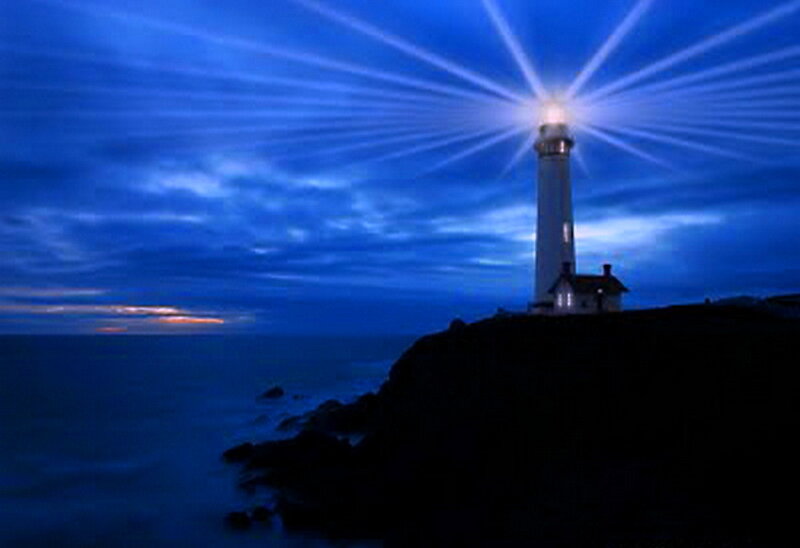Lighthouse on Cliff — Blue, Dramatic, Night, Photograph, Ocean