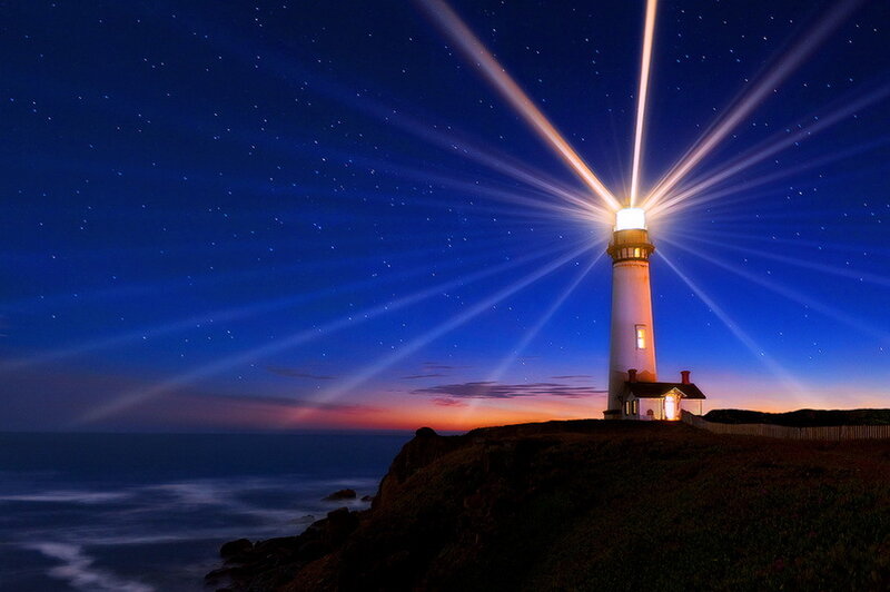 Lighthouse on Cliff — Blue, Dramatic, Night, Photograph
