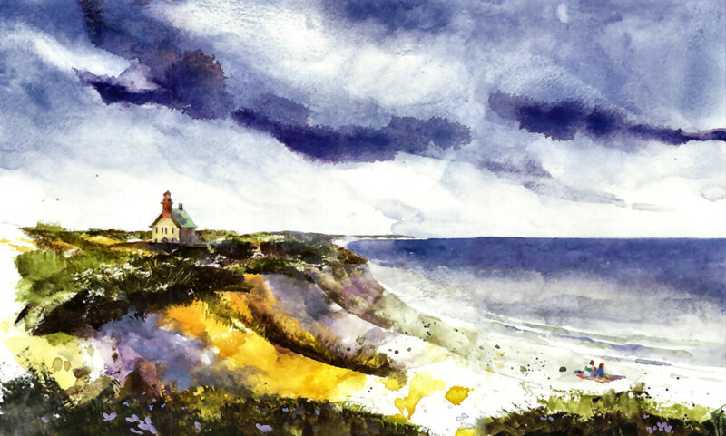 Lighthouse on Cliff — Blue, Dramatic, Painting