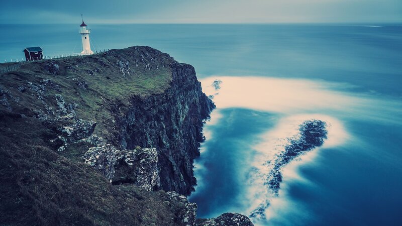 Lighthouse on Cliff — Blue, Dramatic, Photograph, Ocean, Building