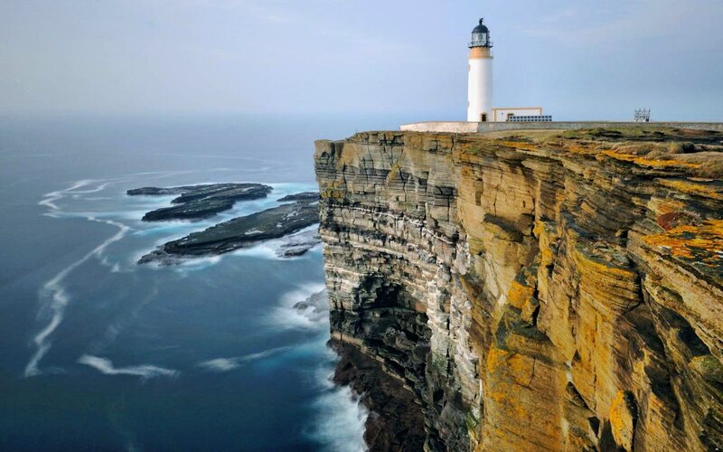 Lighthouse on Cliff — Blue, Dramatic, Photograph, Ocean