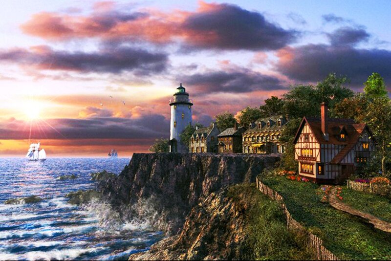 Lighthouse on Cliff — Blue, Dramatic, Sunset, Digital Art