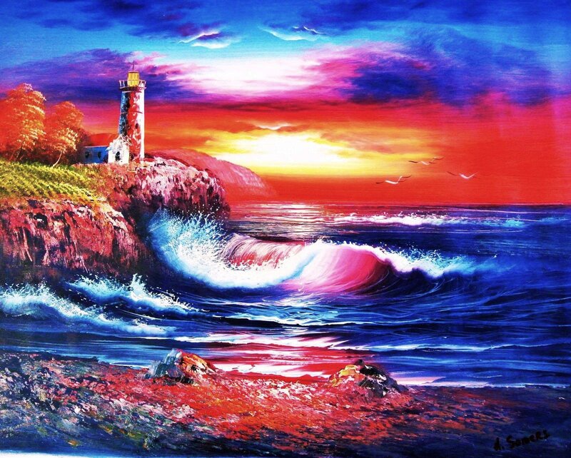 Lighthouse on Cliff — Blue, Dramatic, Sunset, Painting, Ocean Waves