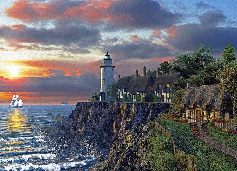 Lighthouse on Cliff — Blue, Dramatic, Sunset, Painting, Sailboat