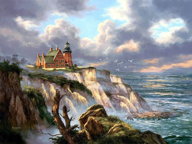 Lighthouse on Cliff — Blue, Dramatic, Sunset, Painting, Seagulls, Ocean