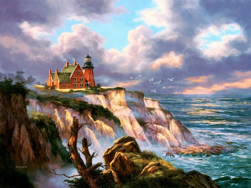 Lighthouse on Cliff — Blue, Dramatic, Sunset, Painting, Seagulls