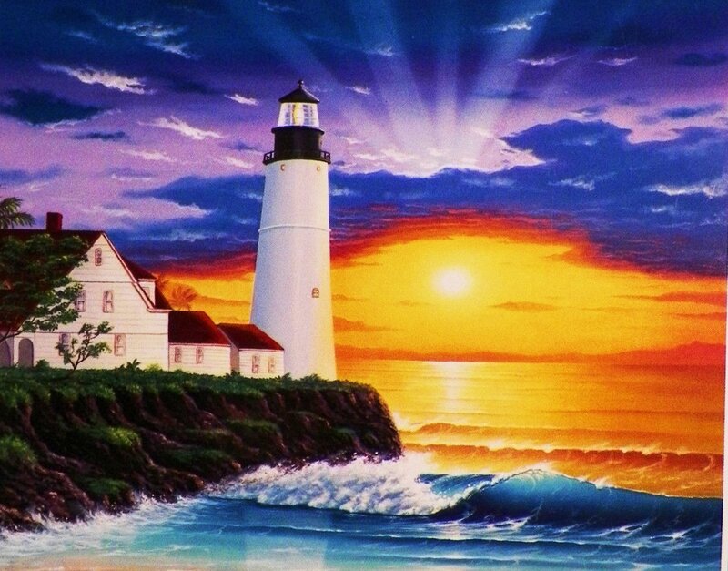 Lighthouse on Cliff — Blue, Dramatic, Sunset, Painting