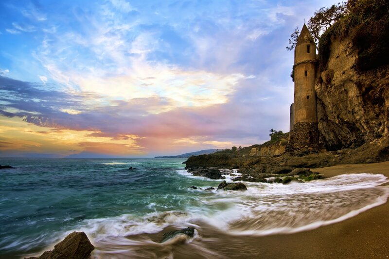 Lighthouse on Cliff — Blue, Dramatic, Sunset, Photograph, Ocean, Beach