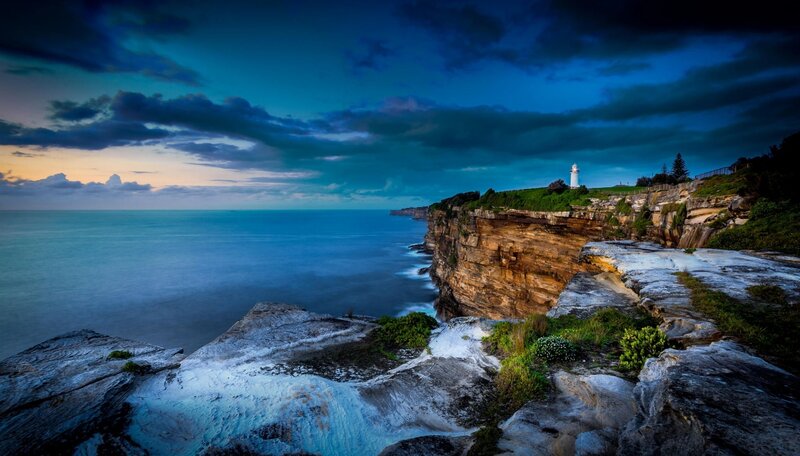 Lighthouse on Cliff — Blue, Dramatic, Sunset, Photograph, Ocean, Cliffs, Sky