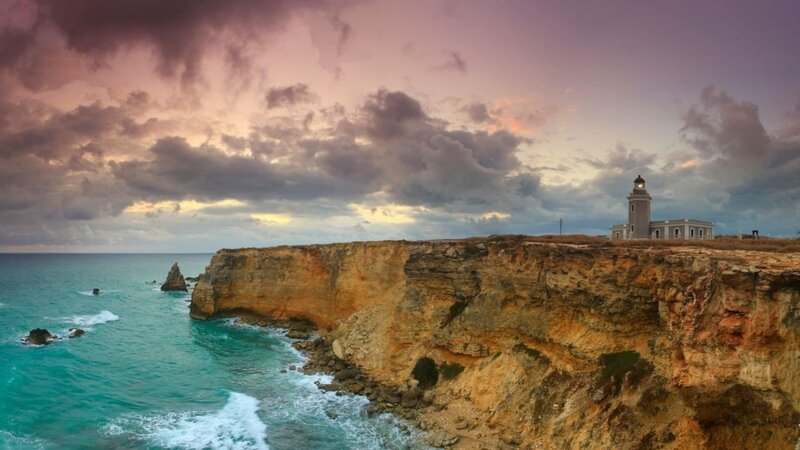 Lighthouse on Cliff — Blue, Dramatic, Sunset, Photograph, Ocean, Clouds