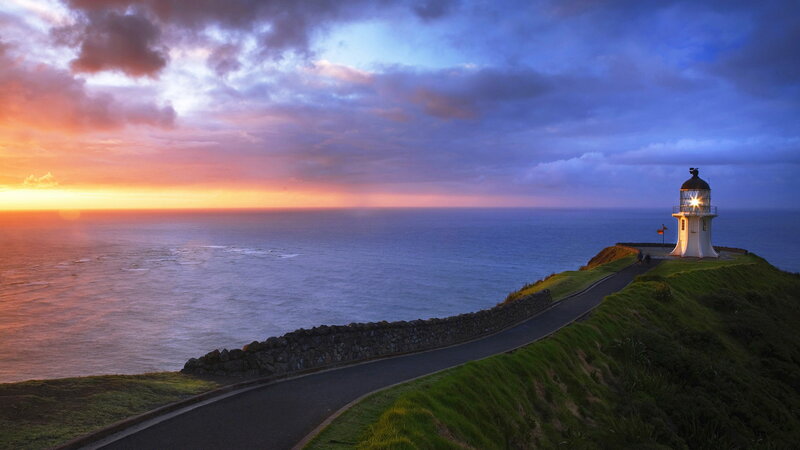 Lighthouse on Cliff — Blue, Dramatic, Sunset, Photograph, Ocean, Road